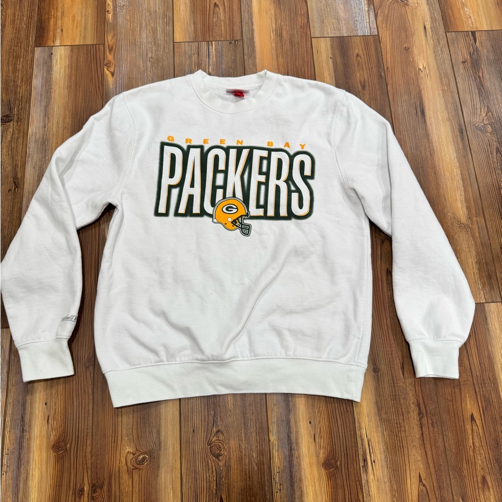 Mitchell & Ness White Green Bay Packers Crewneck Sweater